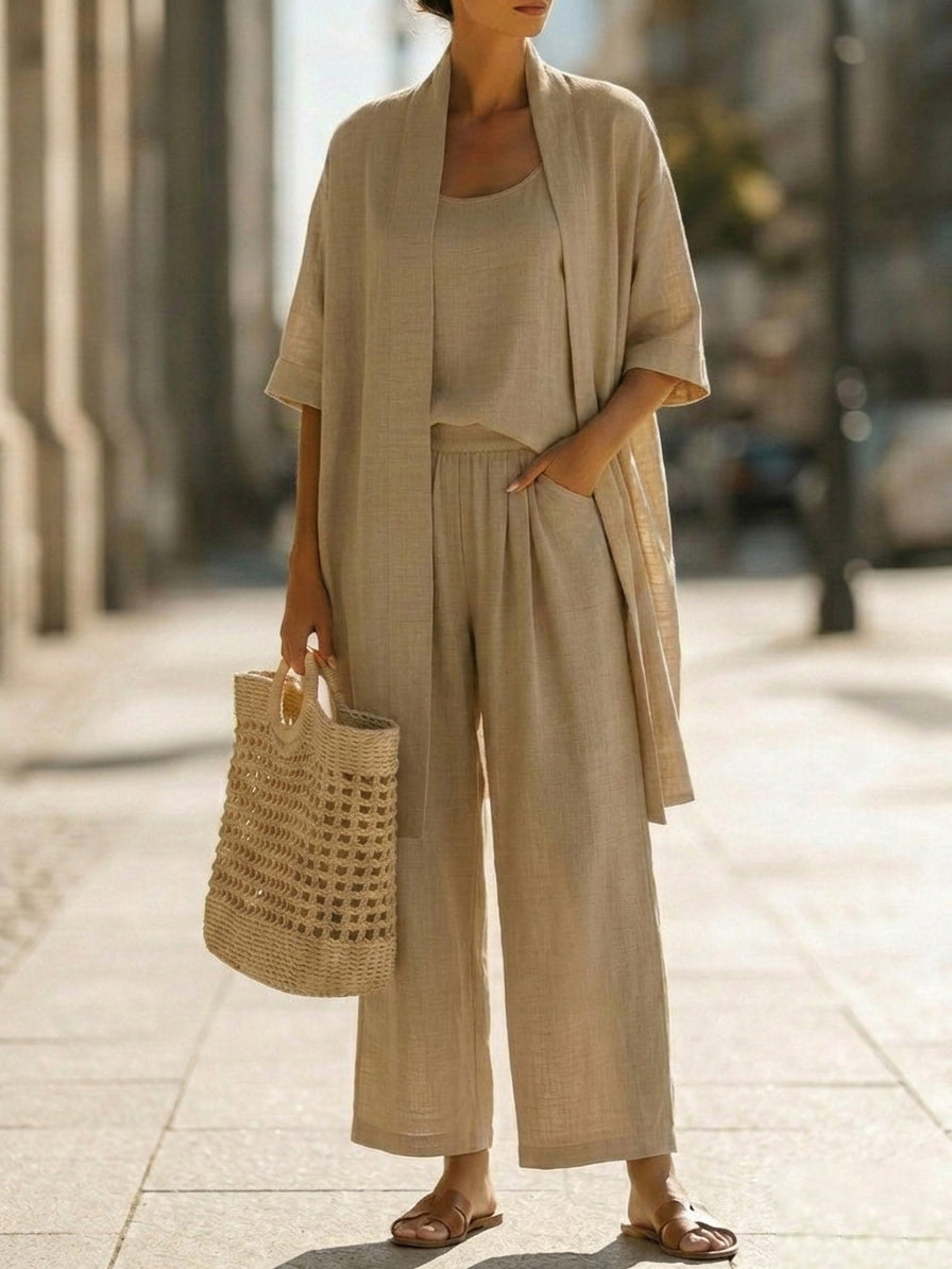 Women’s Three-Piece Relaxed Lounge Set with Open-Front Cardigan
