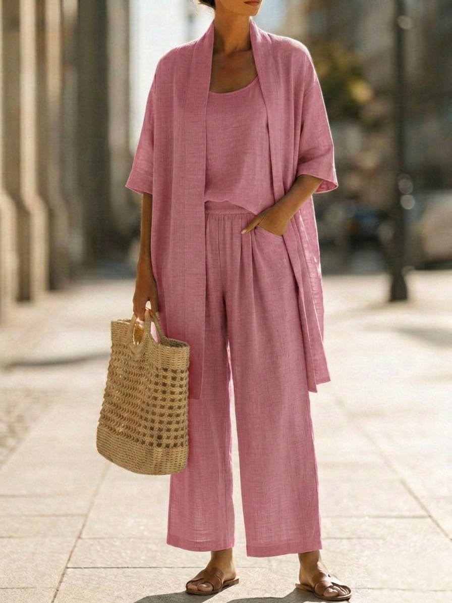 Women’s Three-Piece Relaxed Lounge Set with Open-Front Cardigan