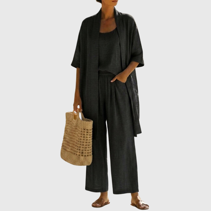 Women’s Three-Piece Relaxed Lounge Set with Open-Front Cardigan