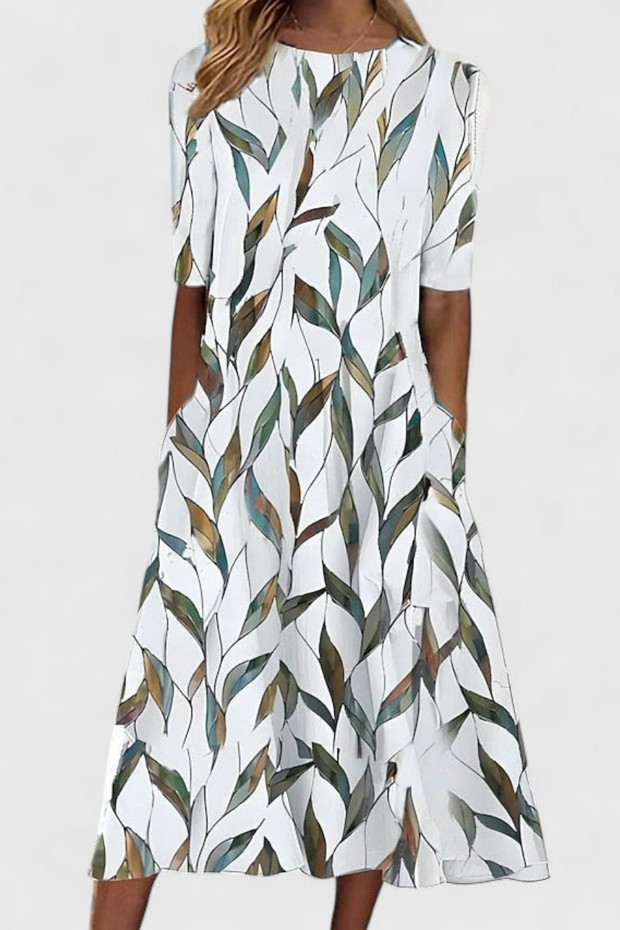 Women's Elegant Round Neck Short Sleeve Midi Dress with Side Pockets