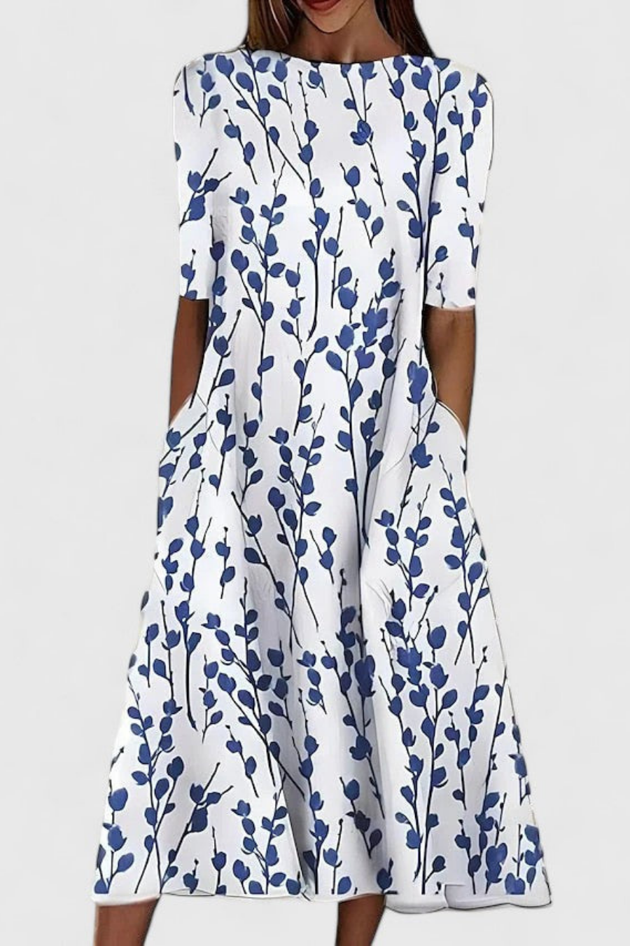 Women's Elegant Round Neck Short Sleeve Midi Dress with Side Pockets