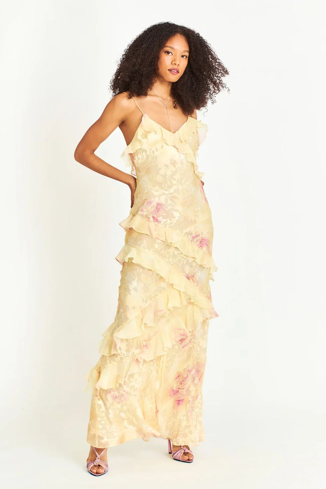 Women's Romantic Open-Back Ruffle Maxi Dress with Layered Detailing