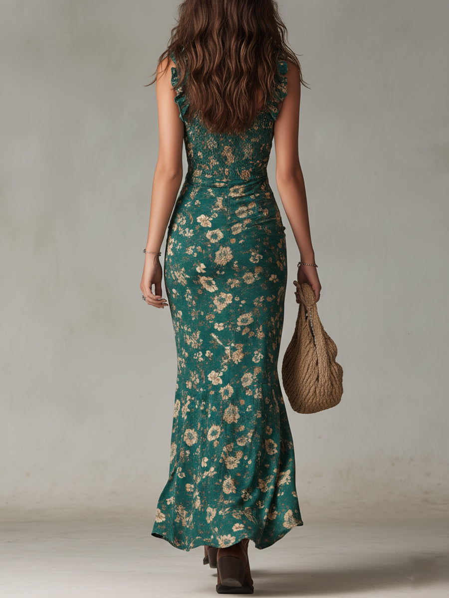 Women’s Floral Mermaid Maxi Dress with Ruffle Hem and High Slit
