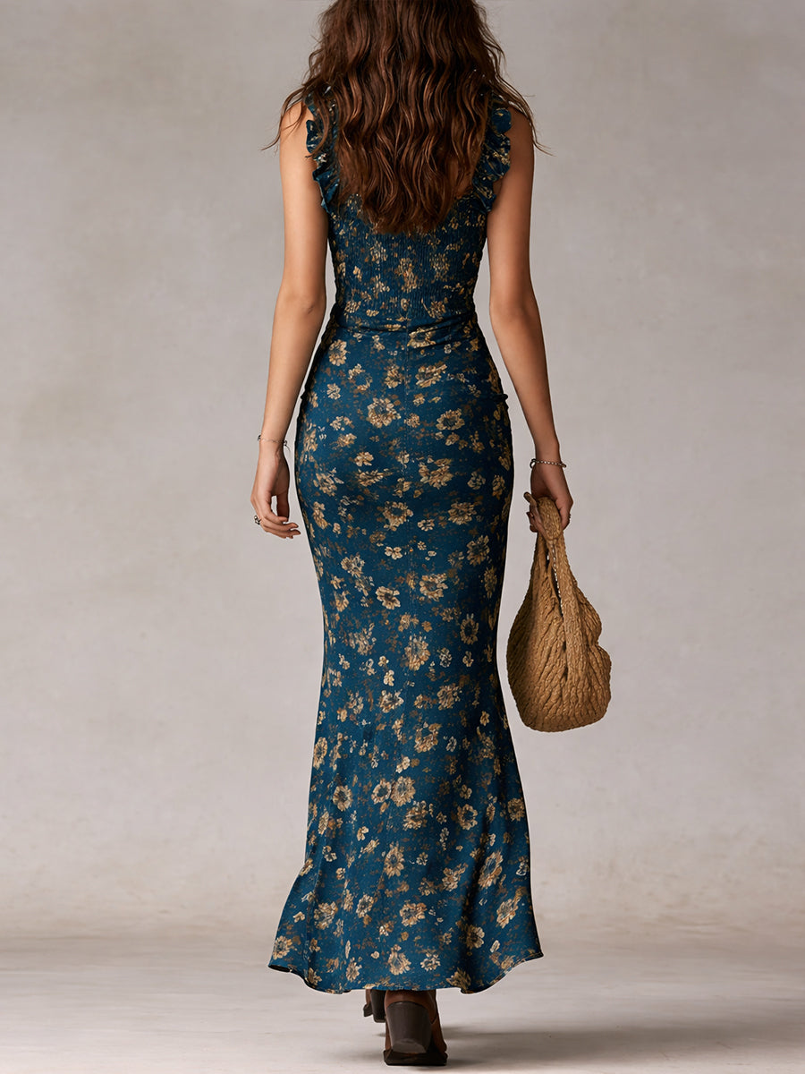 Women’s Floral Mermaid Maxi Dress with Ruffle Hem and High Slit