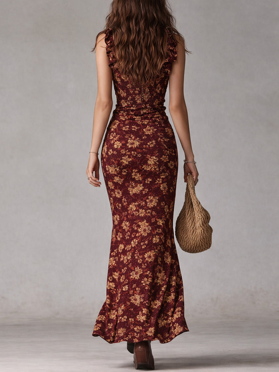 Women’s Floral Mermaid Maxi Dress with Ruffle Hem and High Slit