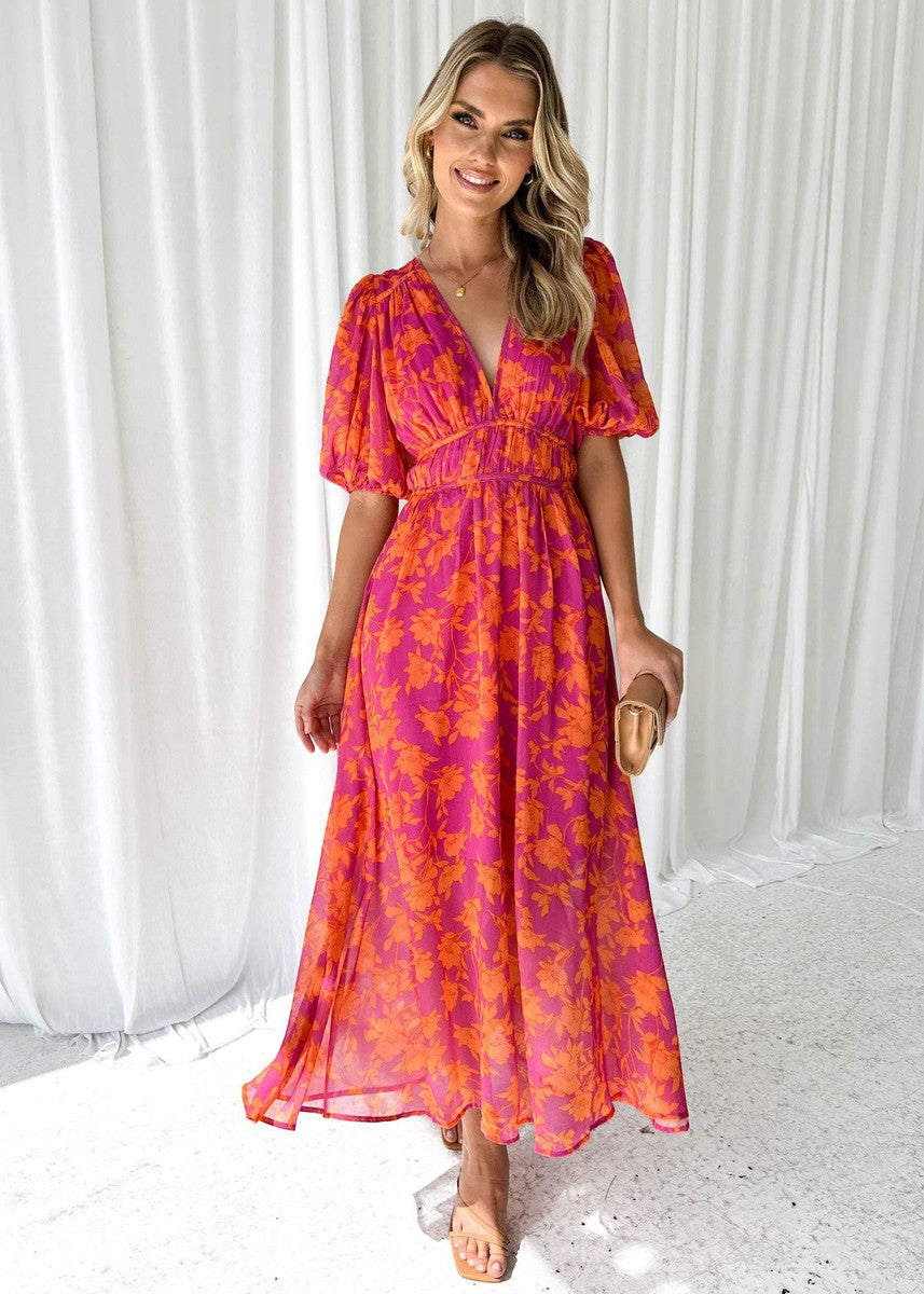 Women's Vibrant Floral Puff Sleeve Midi Dress
