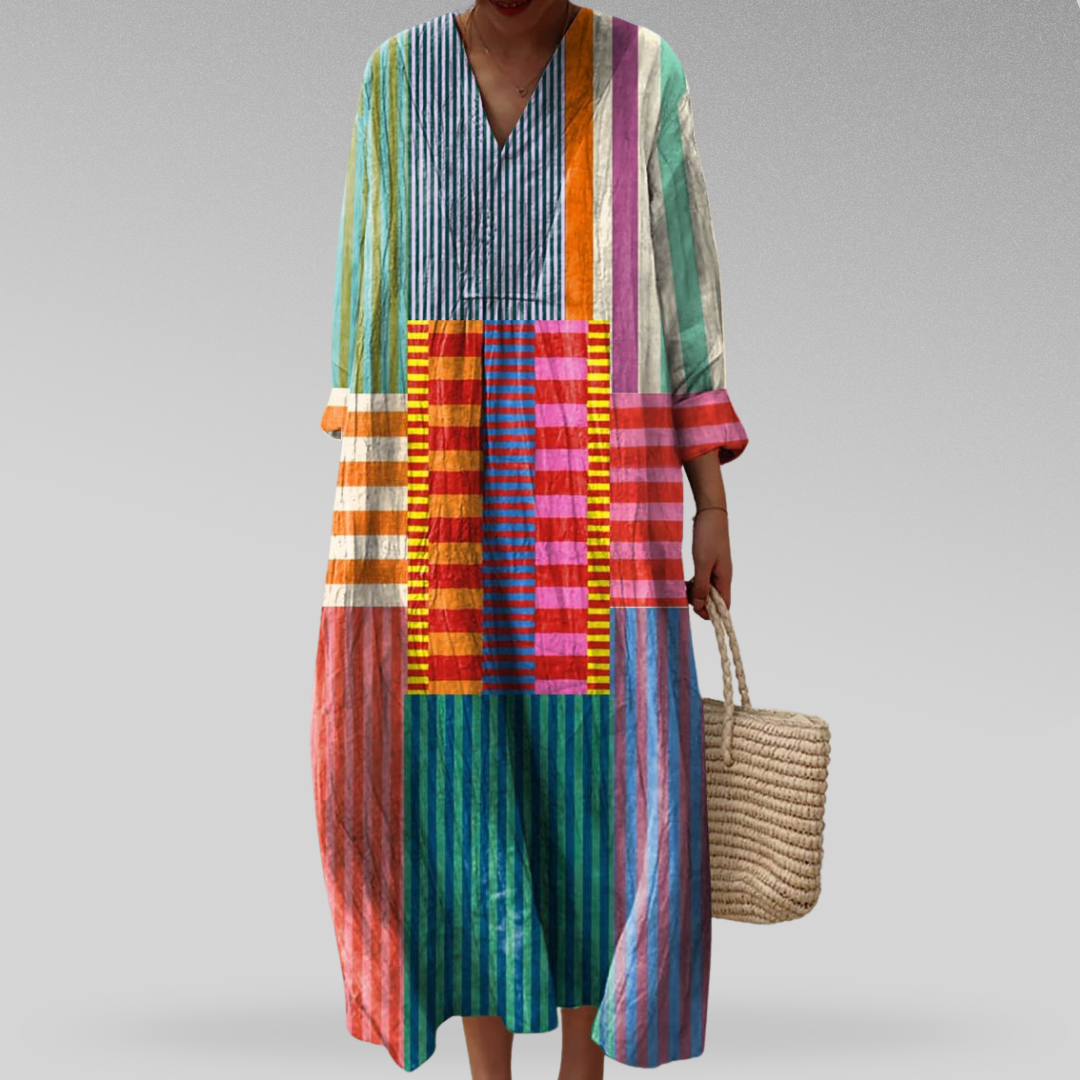Women's Oversized Colorblock Patchwork Stripe Maxi Dress