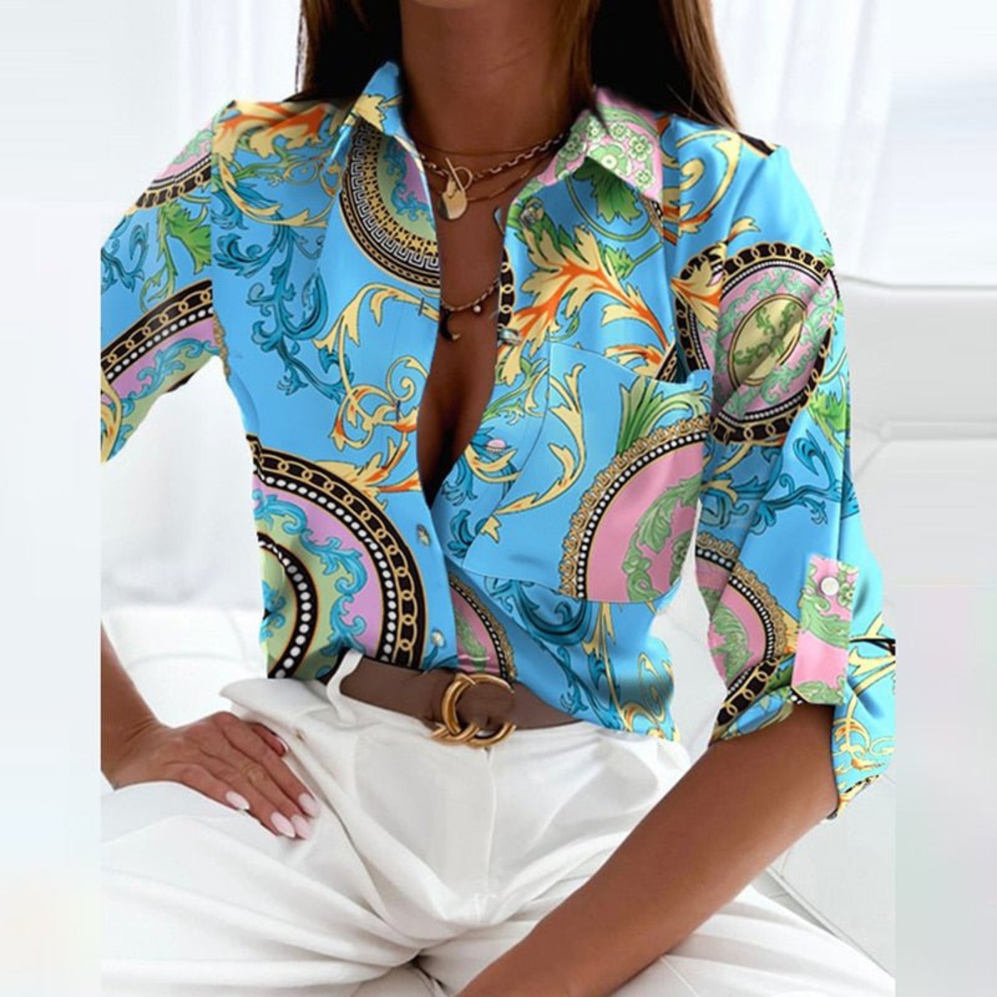 Women's Geometric Print Button-Down Blouse