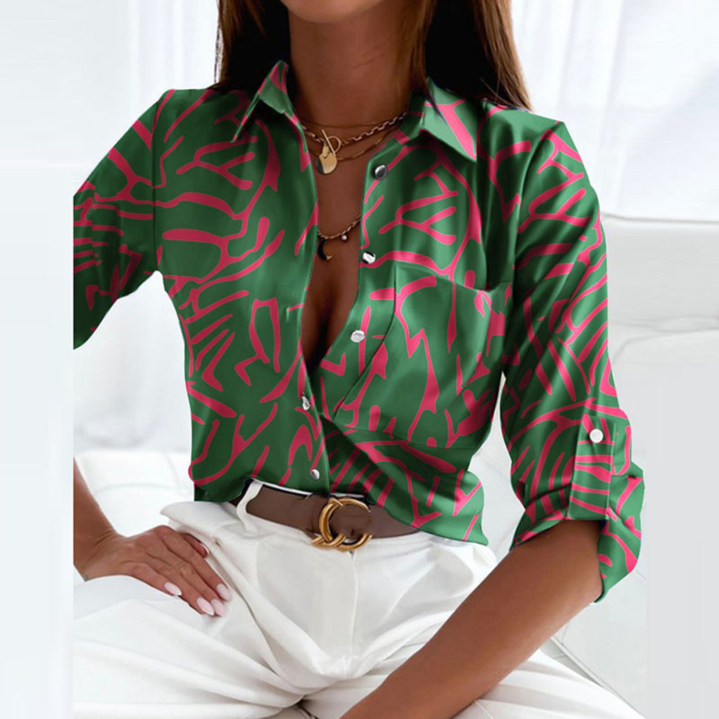 Women's Geometric Print Button-Down Blouse