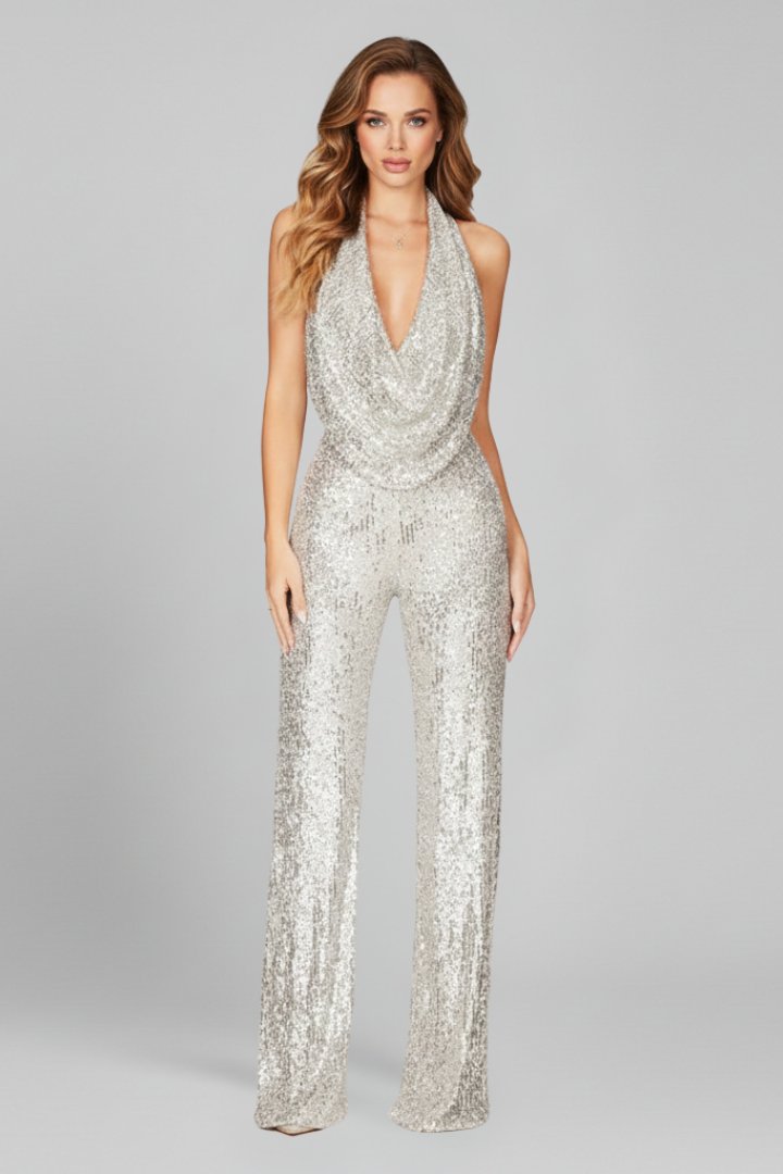 Women's Sequin Halter Wide-Leg Jumpsuit