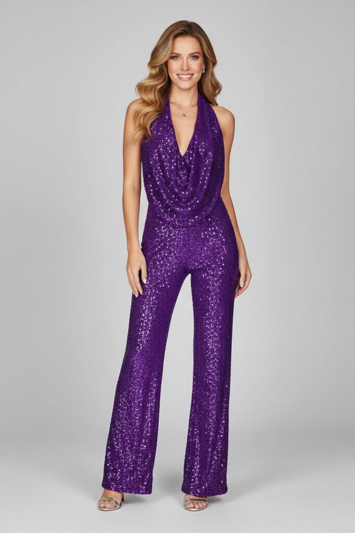 Women's Sequin Halter Wide-Leg Jumpsuit