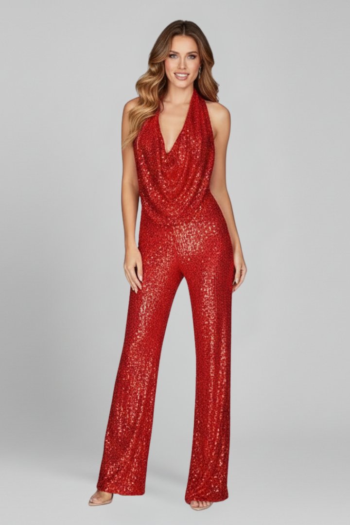 Women's Sequin Halter Wide-Leg Jumpsuit