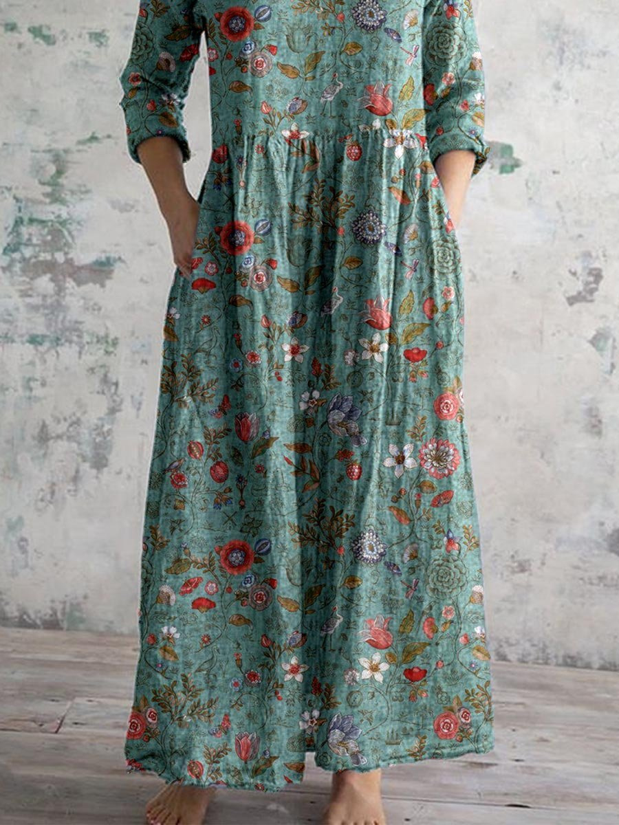 Women's Vintage Floral Maxi Dress with  Flowing Bohemian Silhouette