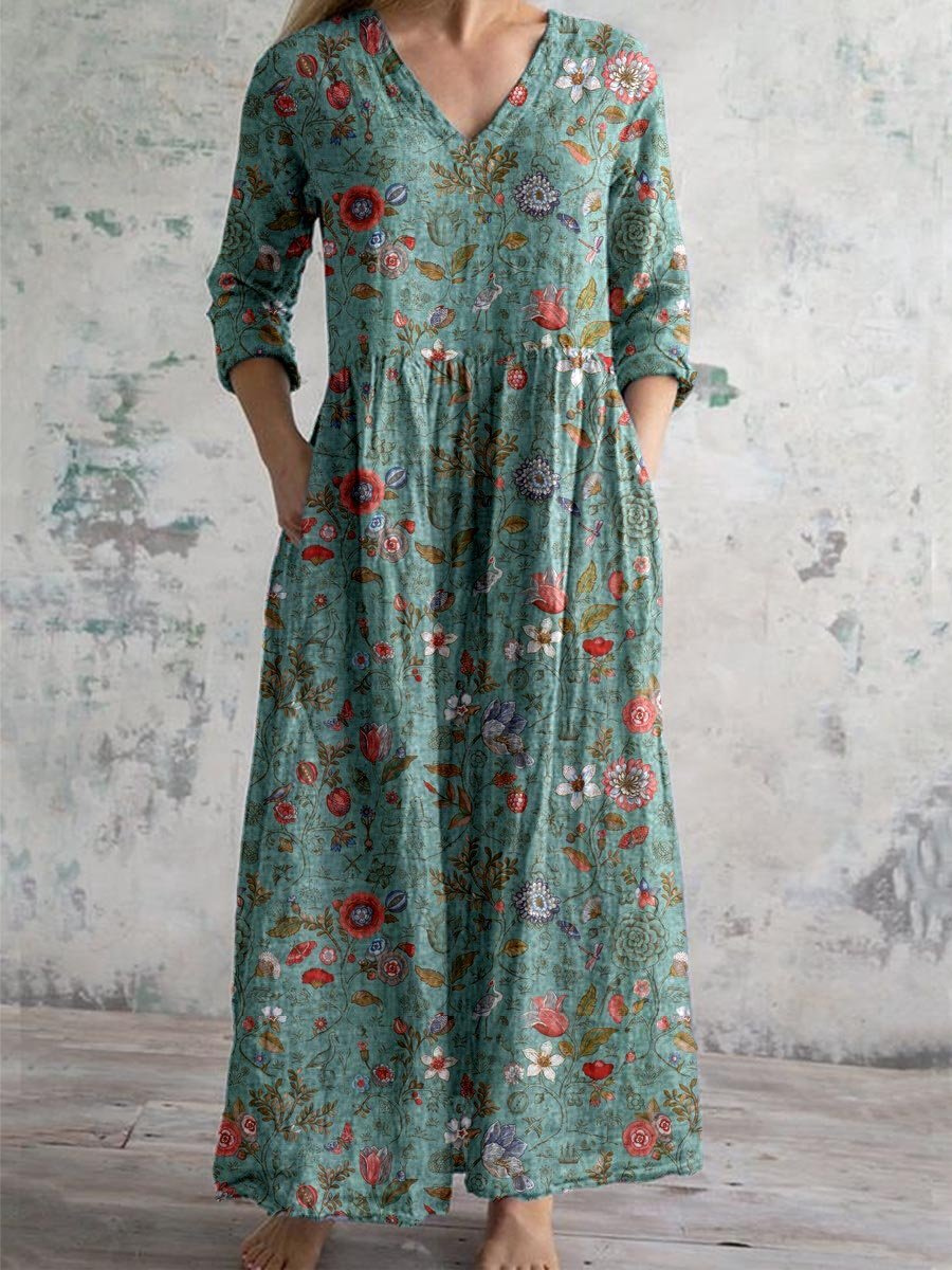Women's Vintage Floral Maxi Dress with  Flowing Bohemian Silhouette
