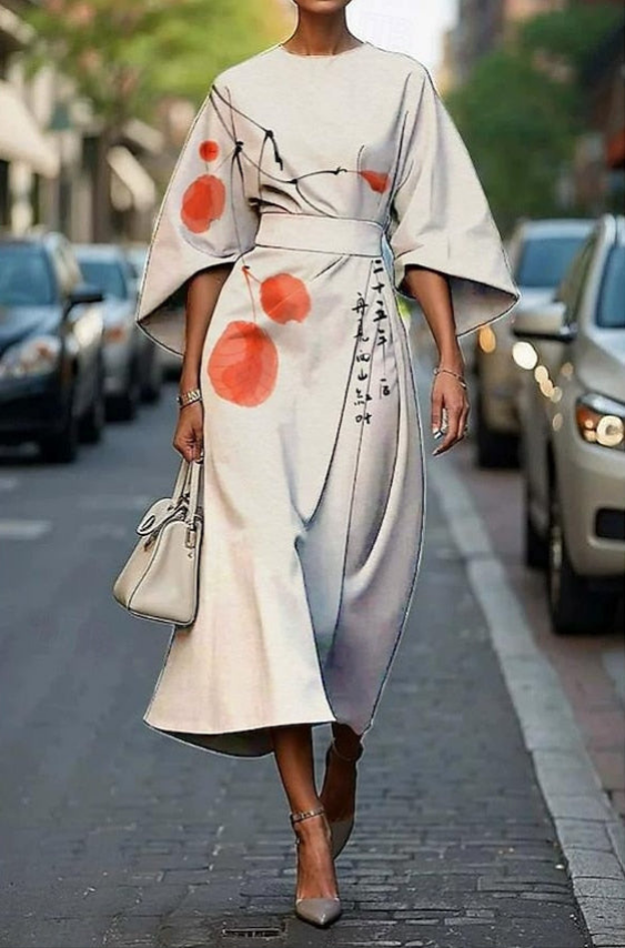 Women's Floral Wrap Midi Dress with Kimono Sleeves and Elegant Waist Tie