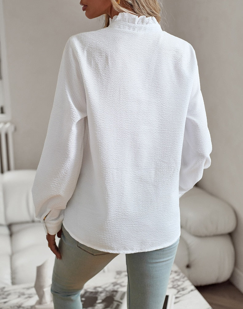 Elegant Long Sleeve Casual Ruffle Front Button Blouse