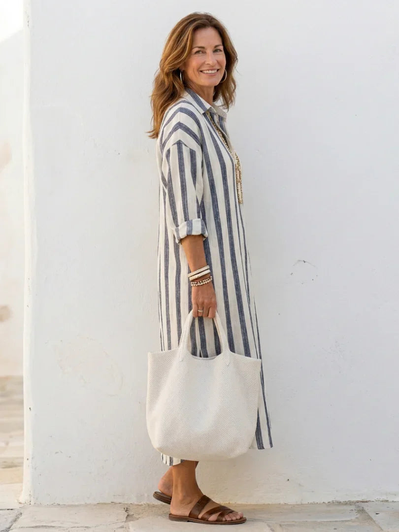 Women's Striped Shirt Maxi Dress with Roll-Up Sleeves