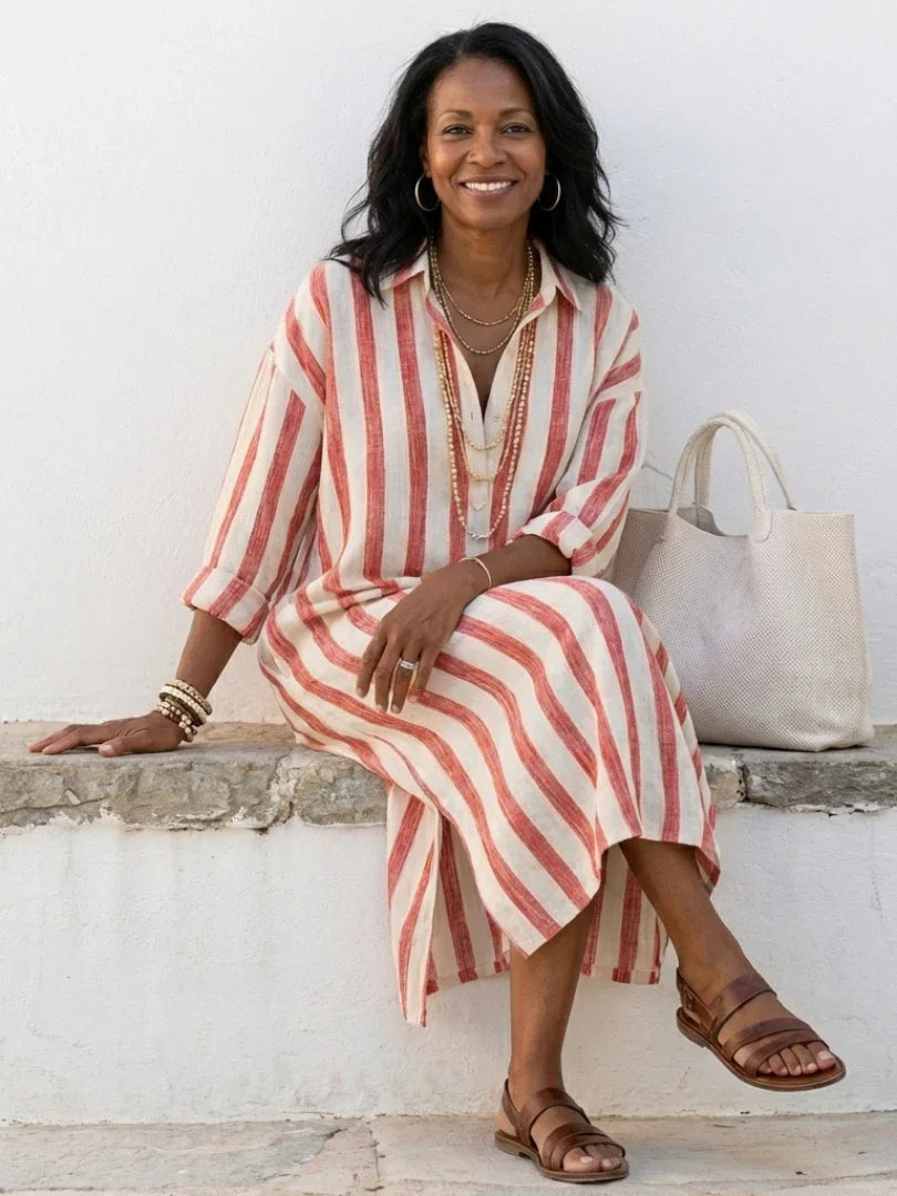 Women's Striped Shirt Maxi Dress with Roll-Up Sleeves