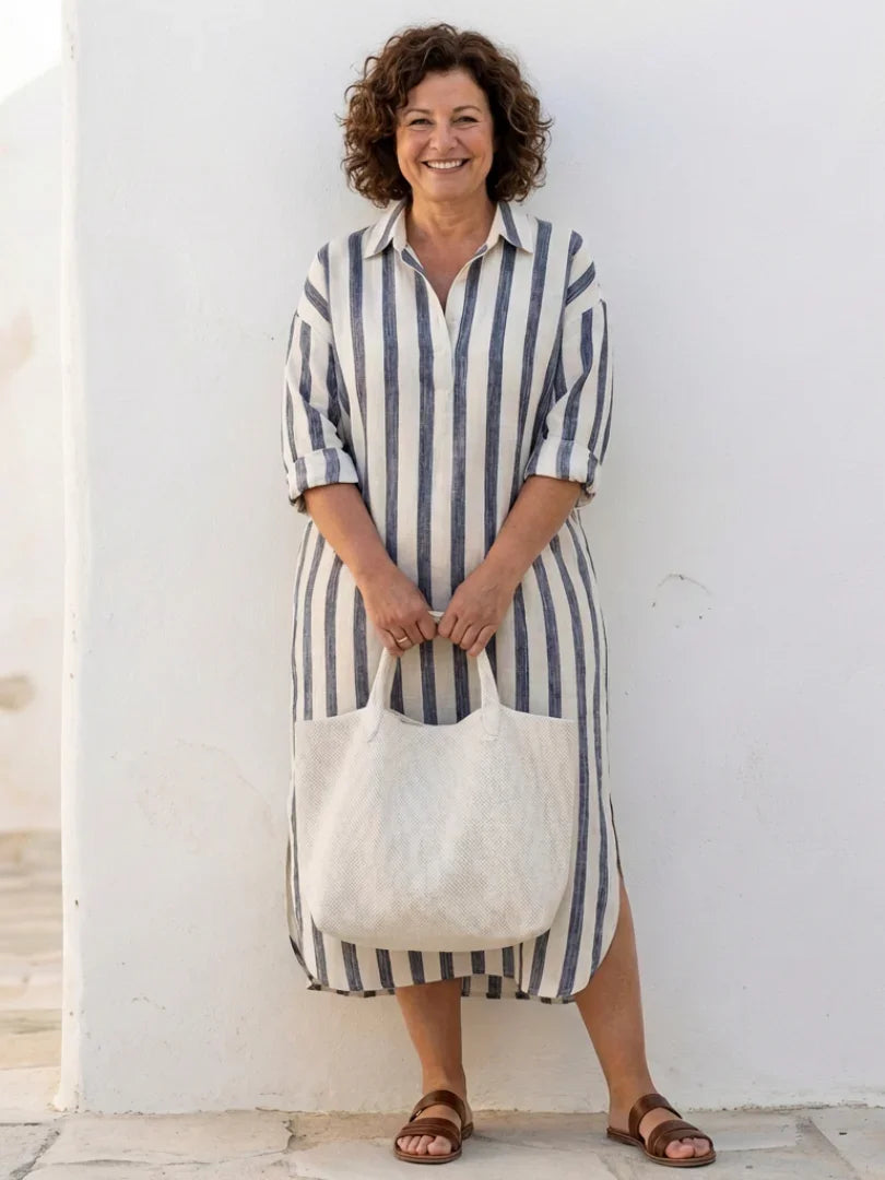 Women's Striped Shirt Maxi Dress with Roll-Up Sleeves