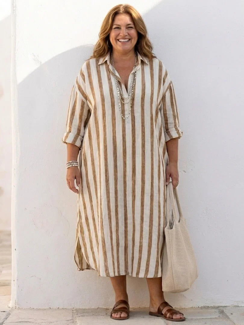 Women's Striped Shirt Maxi Dress with Roll-Up Sleeves