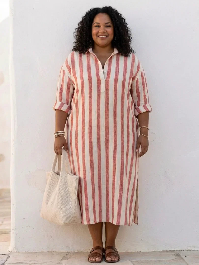 Women's Striped Shirt Maxi Dress with Roll-Up Sleeves