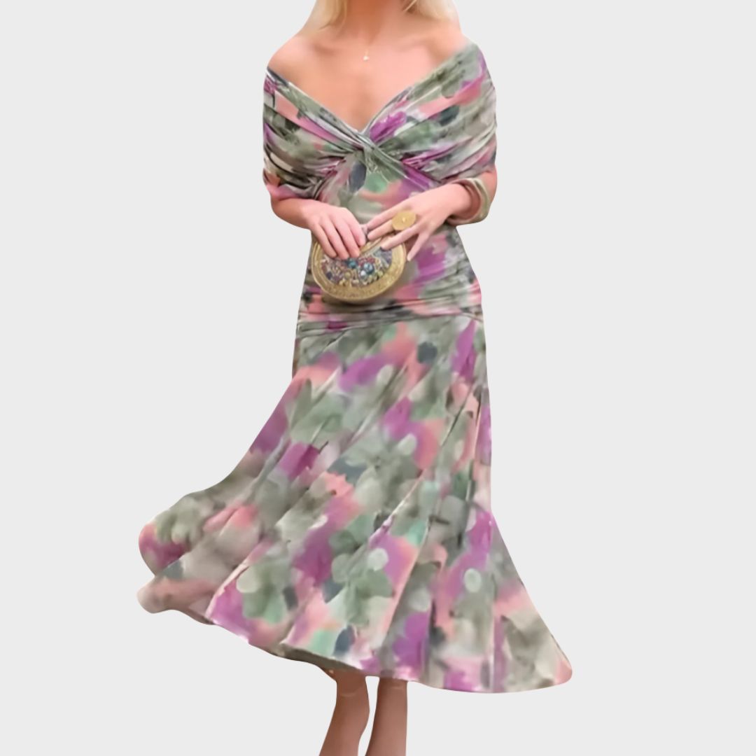 Women's Off-Shoulder Ruched Floral Midi Dress