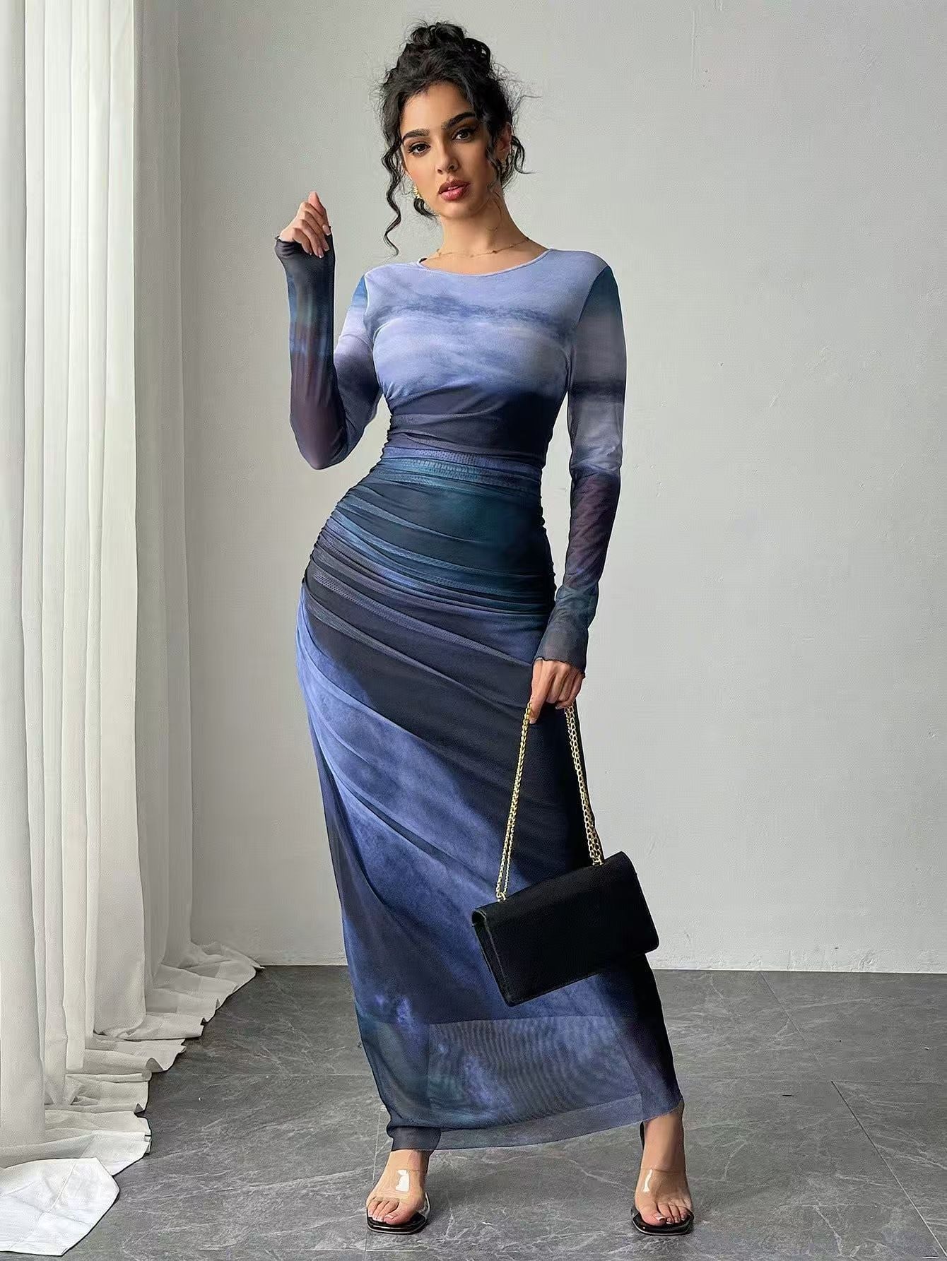 Women's Printed Bodycon Maxi Dress Long Sleeve