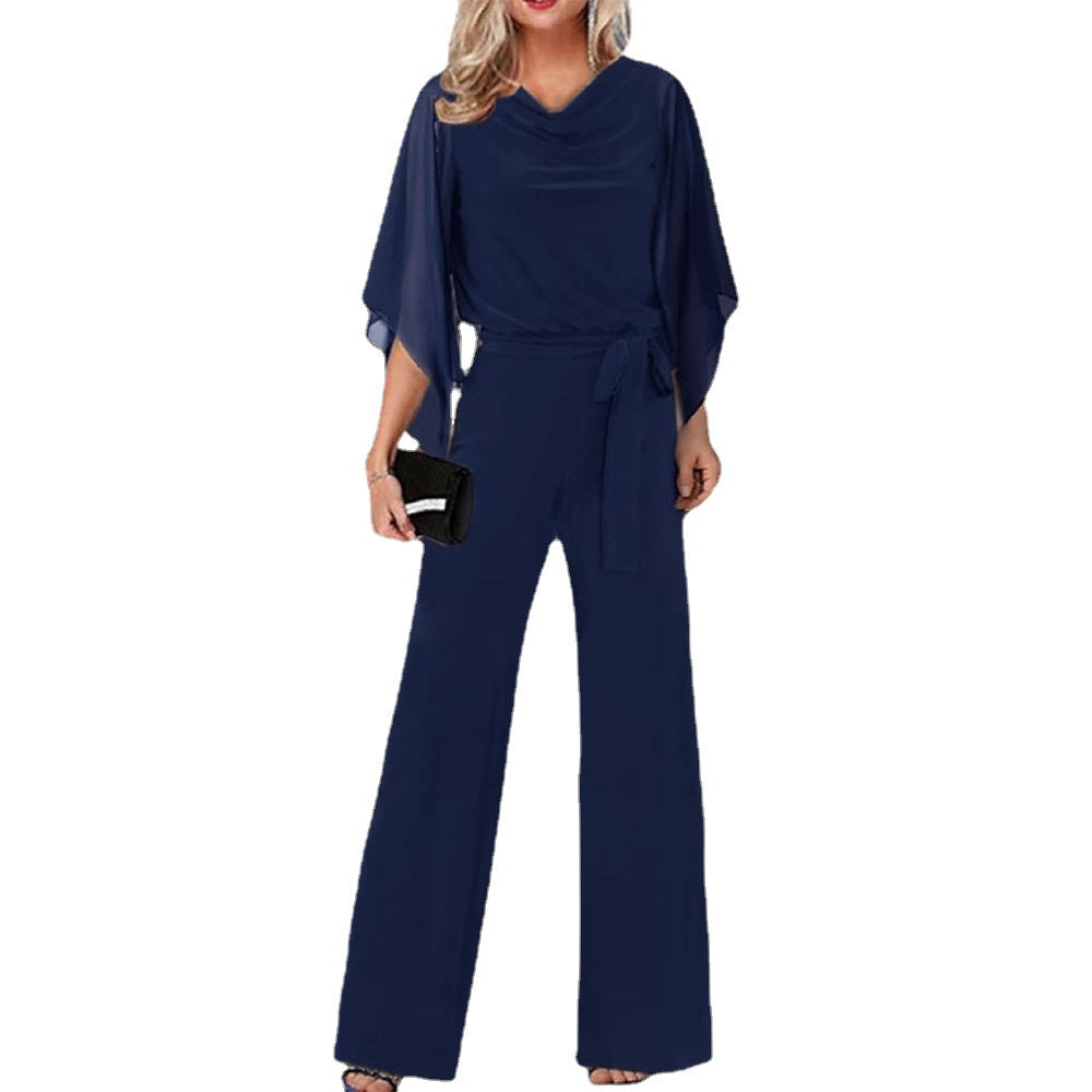 Women's Elegant Wide-Leg Jumpsuit with Cascading Neckline