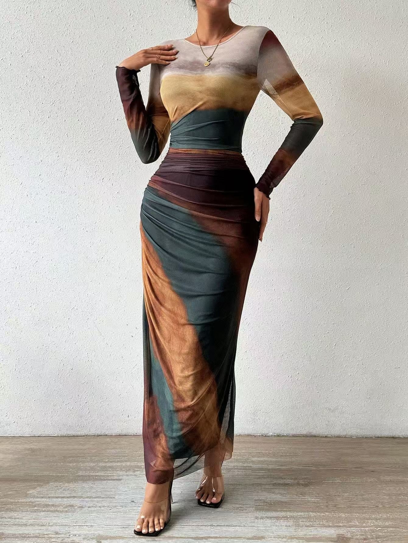 Women's Printed Bodycon Maxi Dress Long Sleeve