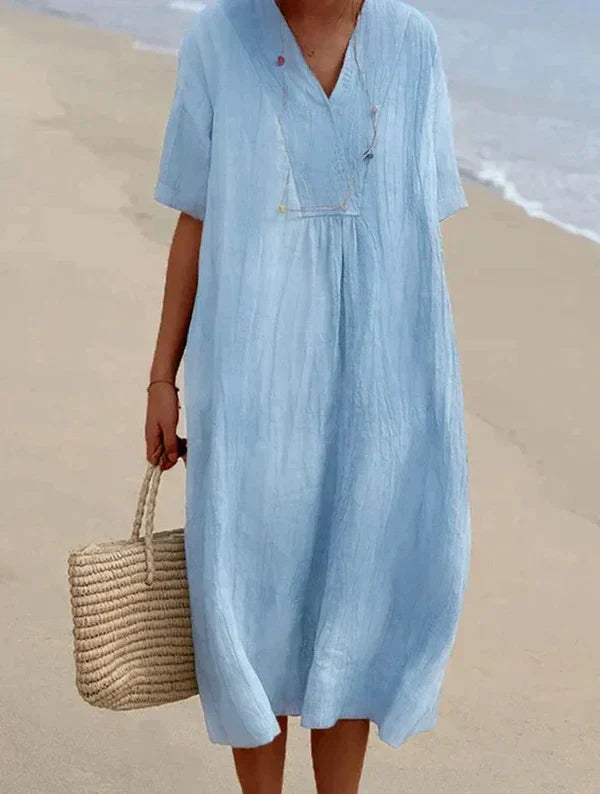 Women’s Relaxed Midi Dress with V Neck and Loose Fit