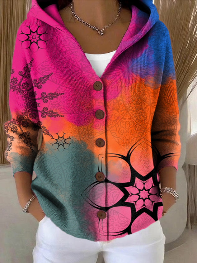 Women's Artistic Print Button Hooded