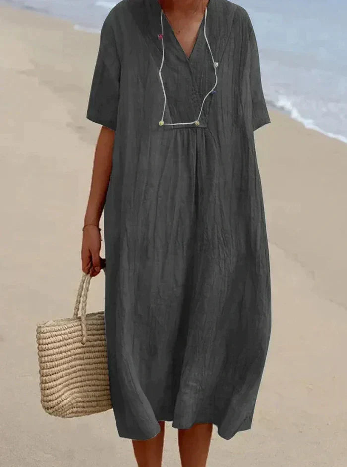 Women’s Relaxed Midi Dress with V Neck and Loose Fit