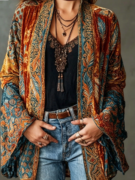 Women's Velvet Boho Paisley Kimono Cardigan