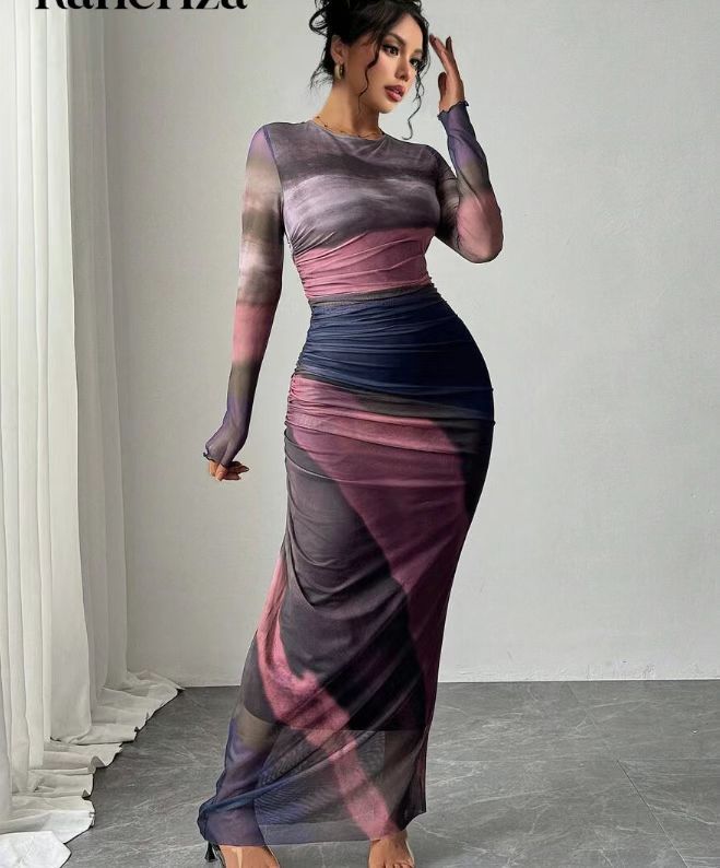 Women's Printed Bodycon Maxi Dress Long Sleeve