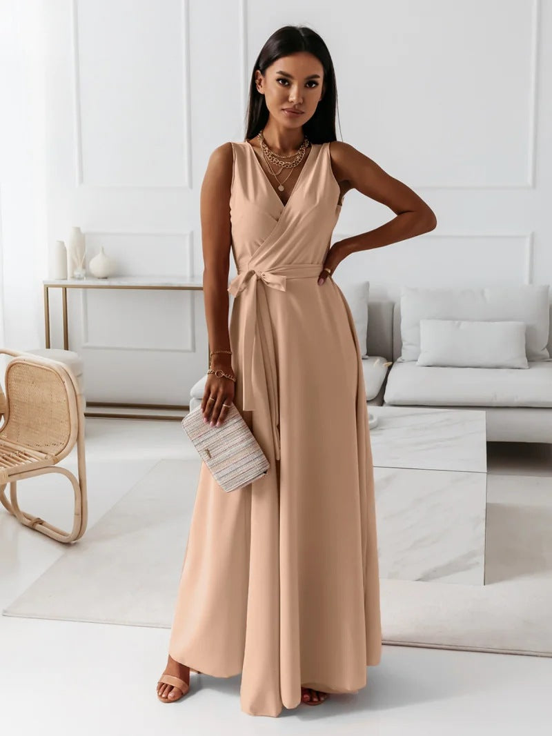 Women’s Sleeveless Wrap Flowy Evening Maxi Dress