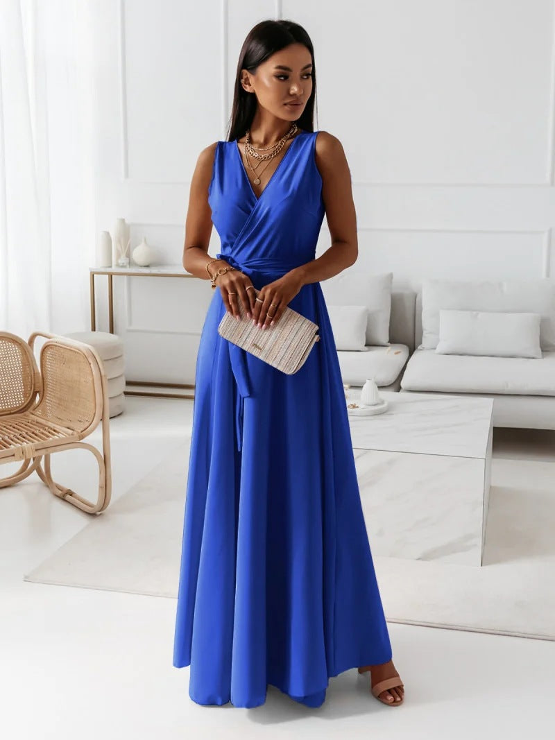 Women’s Sleeveless Wrap Flowy Evening Maxi Dress