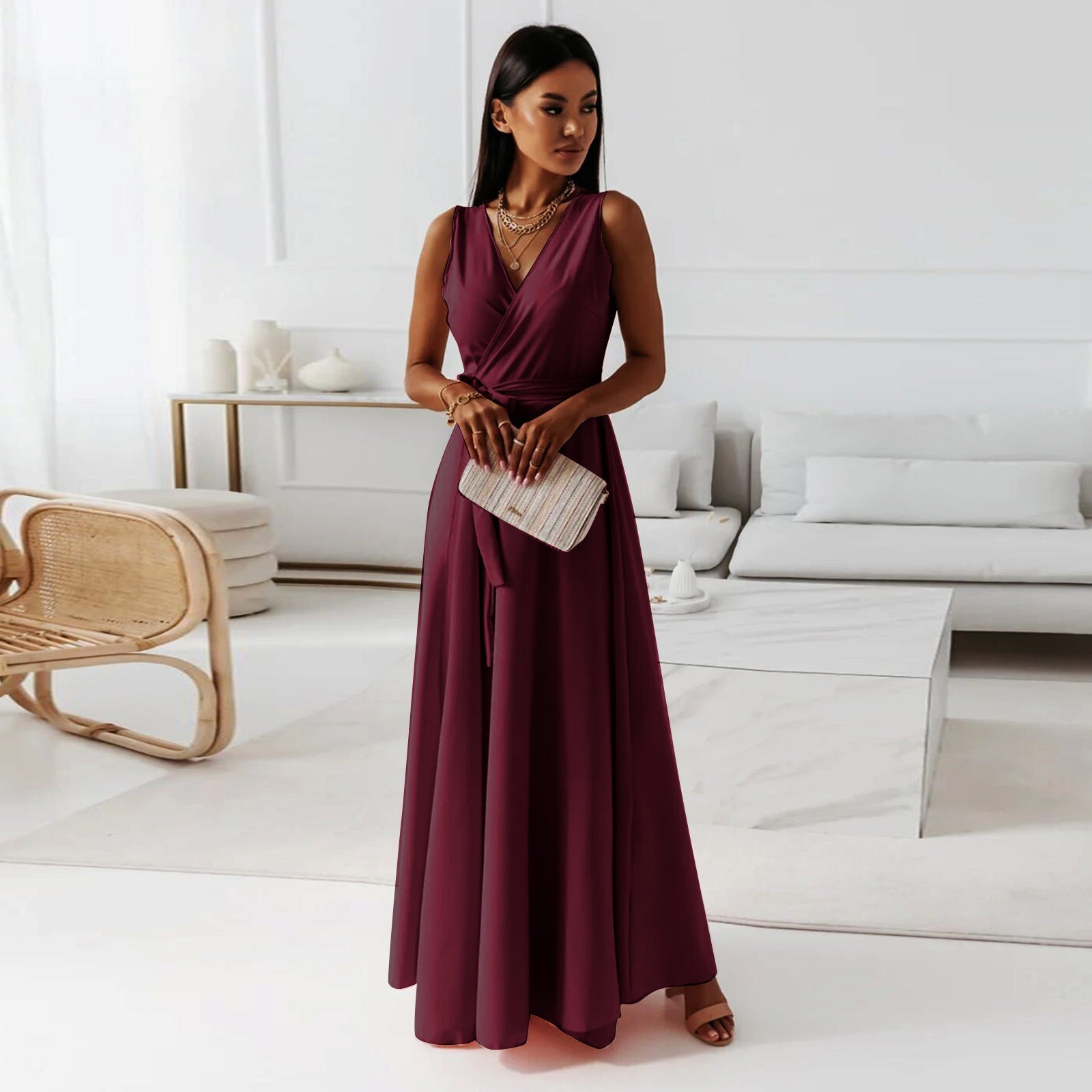 Women’s Sleeveless Wrap Flowy Evening Maxi Dress