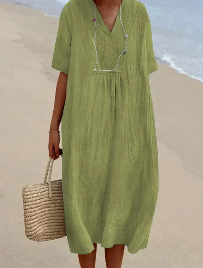 Women’s Relaxed Midi Dress with V Neck and Loose Fit