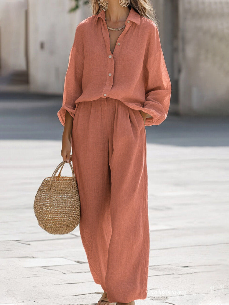 Women's Lightweight Two-Piece Relaxed Blouse and Trousers Set