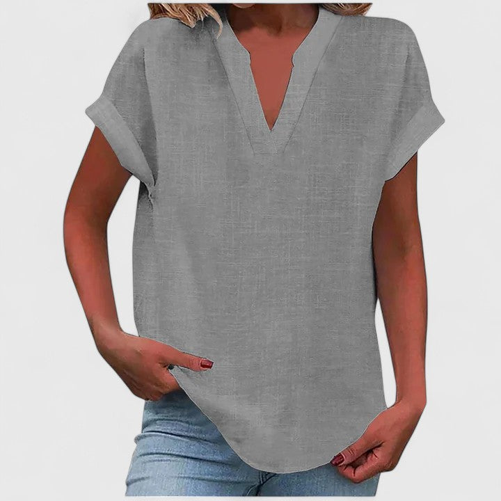 Women's V-Neck Blouse with Rolled Sleeves