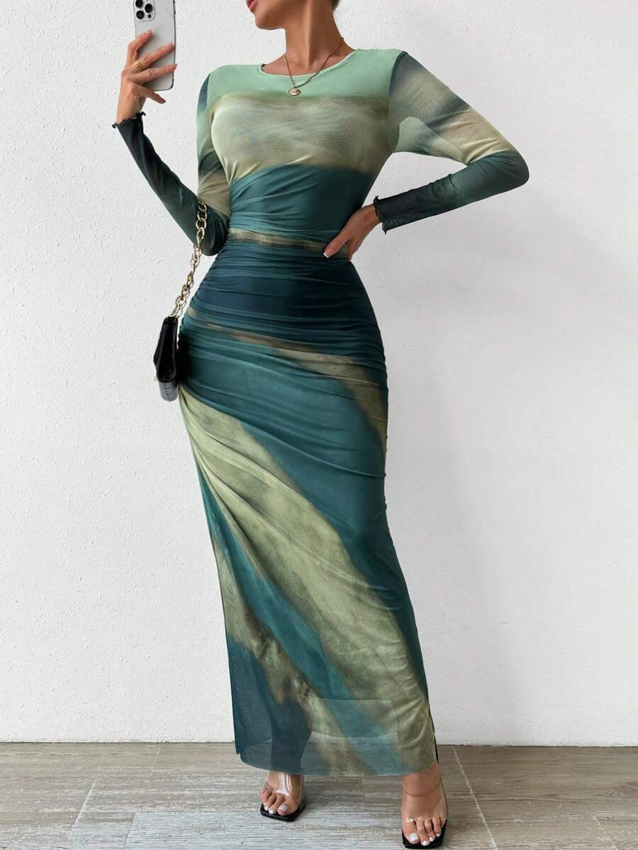 Women's Printed Bodycon Maxi Dress Long Sleeve