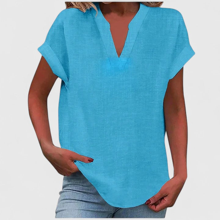 Women's V-Neck Blouse with Rolled Sleeves