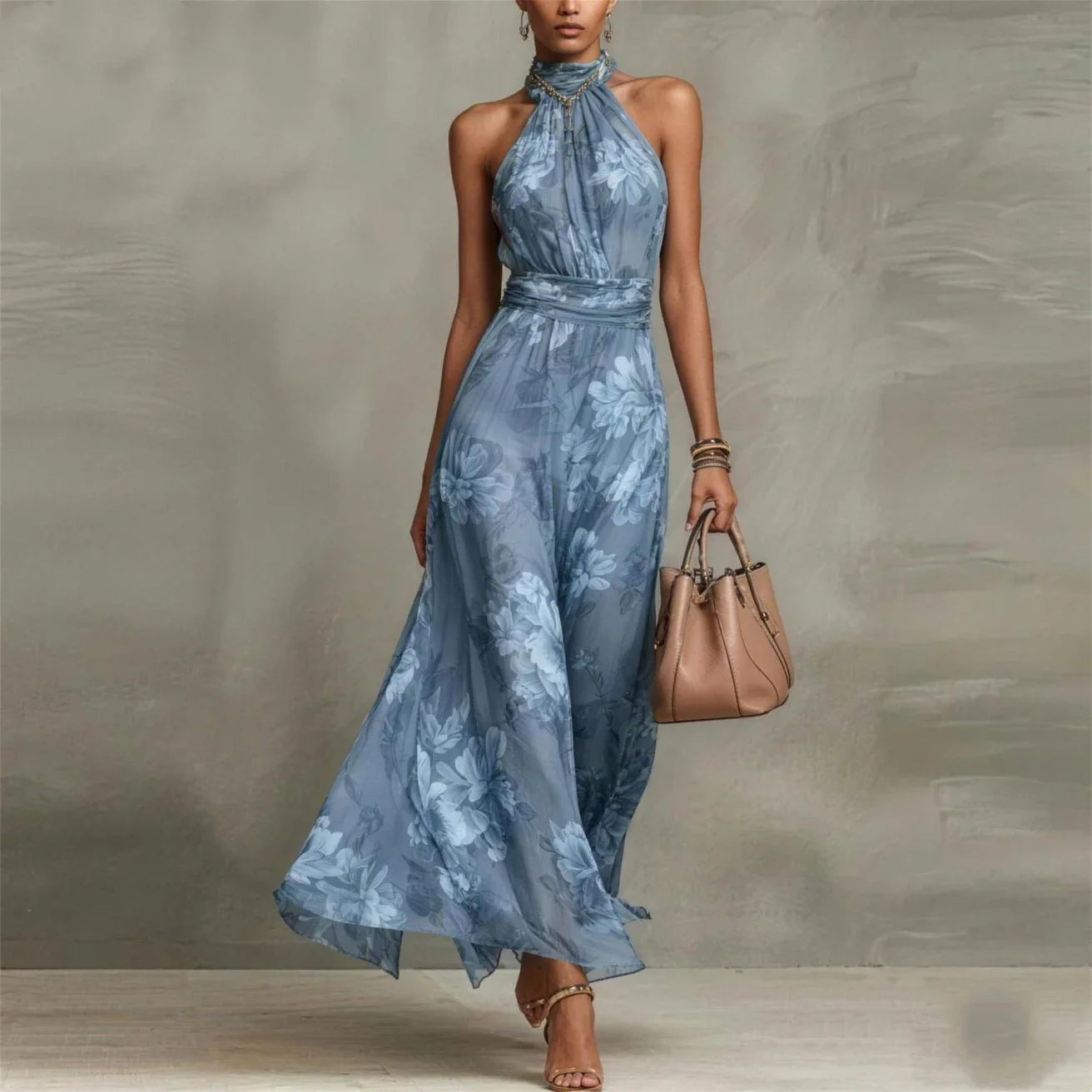Women’s Floral Halter Maxi Dress with Flowing Skirt