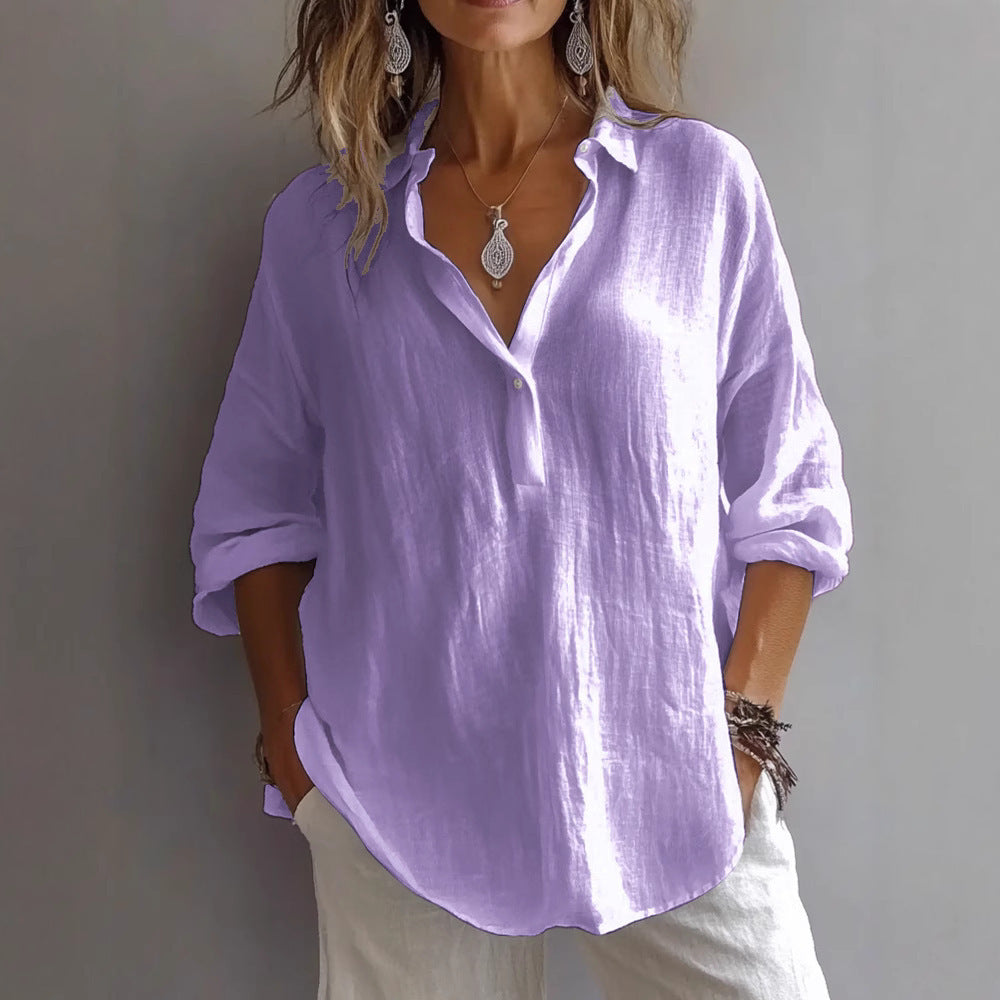 Women's Relaxed Casual Shirt with Button Placket and Wide Sleeves