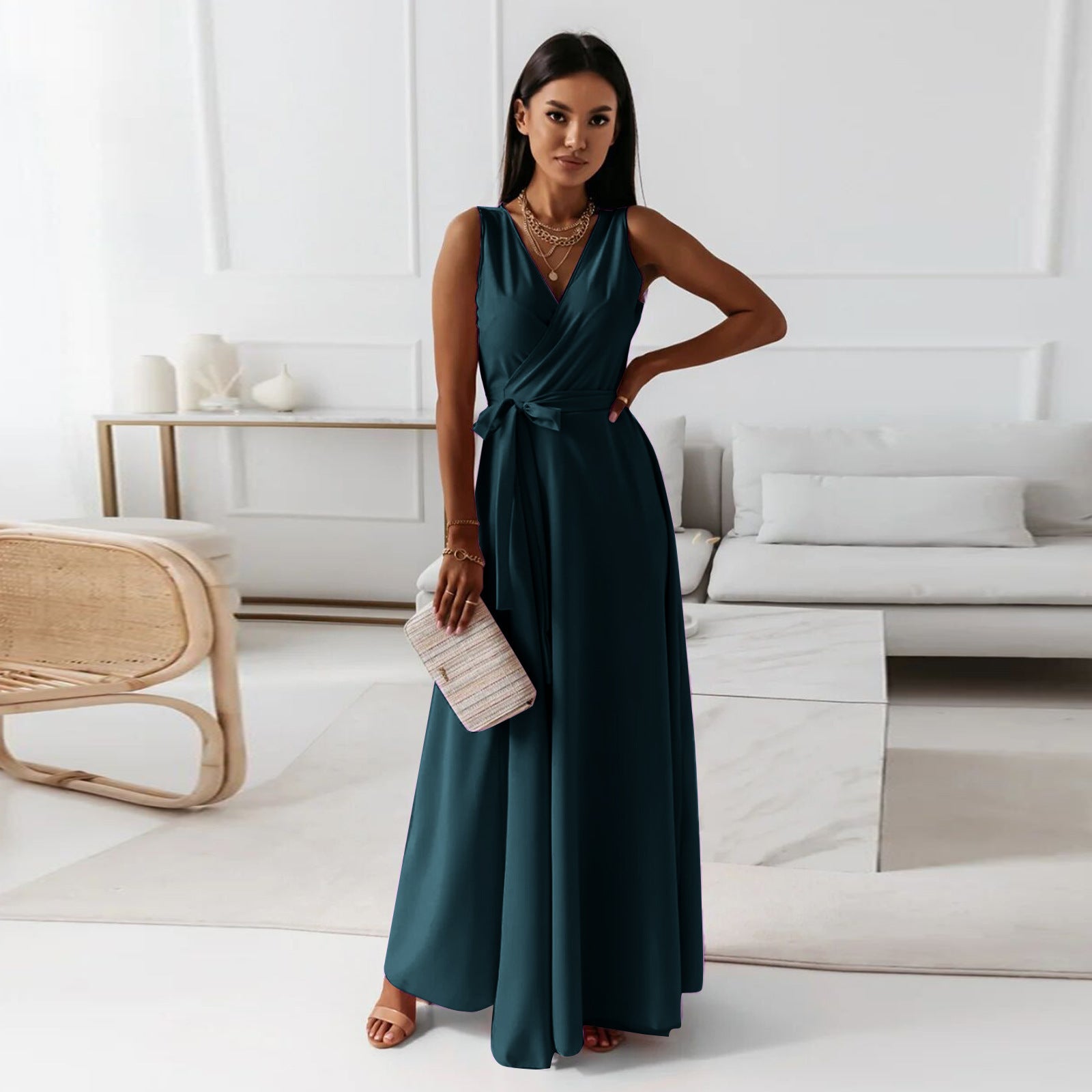 Women’s Sleeveless Wrap Flowy Evening Maxi Dress