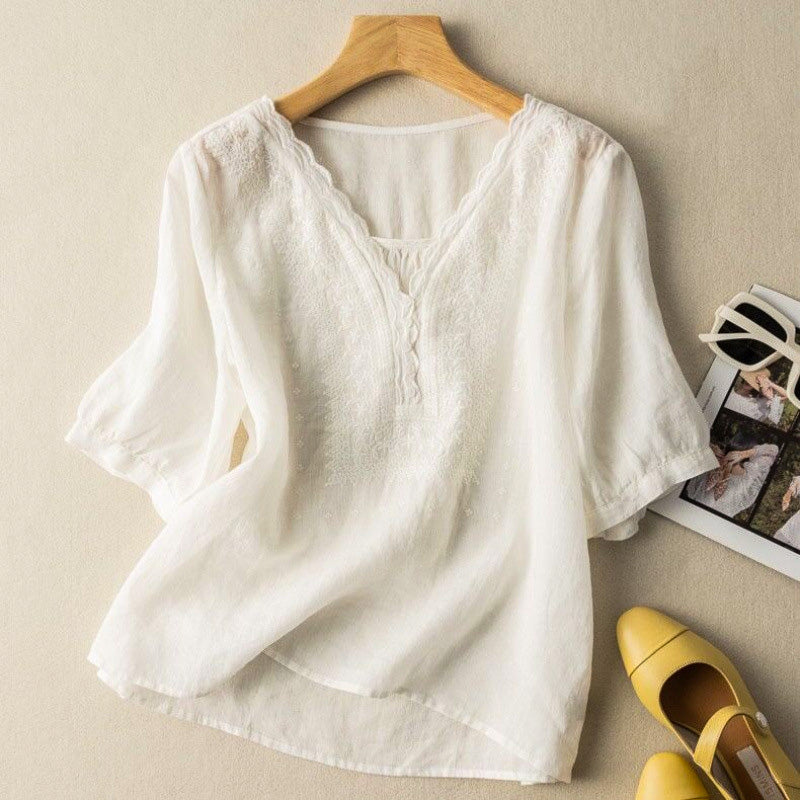 Women's Embroidered V-Neck Blouse with Relaxed Fit