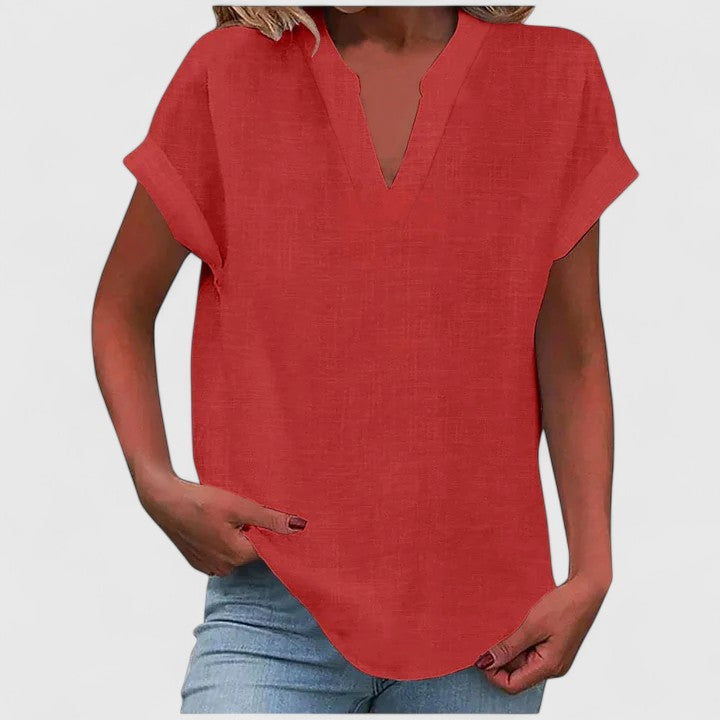 Women's V-Neck Blouse with Rolled Sleeves