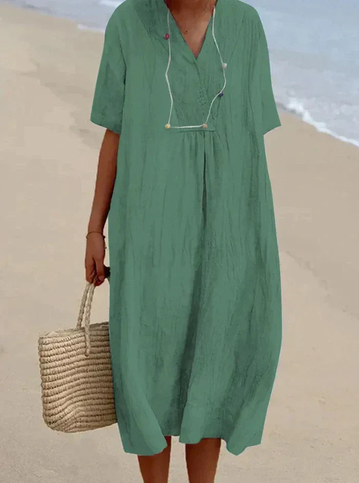 Women’s Relaxed Midi Dress with V Neck and Loose Fit