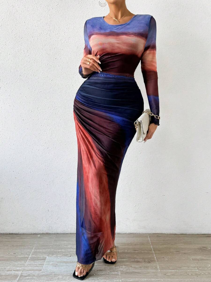 Women's Printed Bodycon Maxi Dress Long Sleeve
