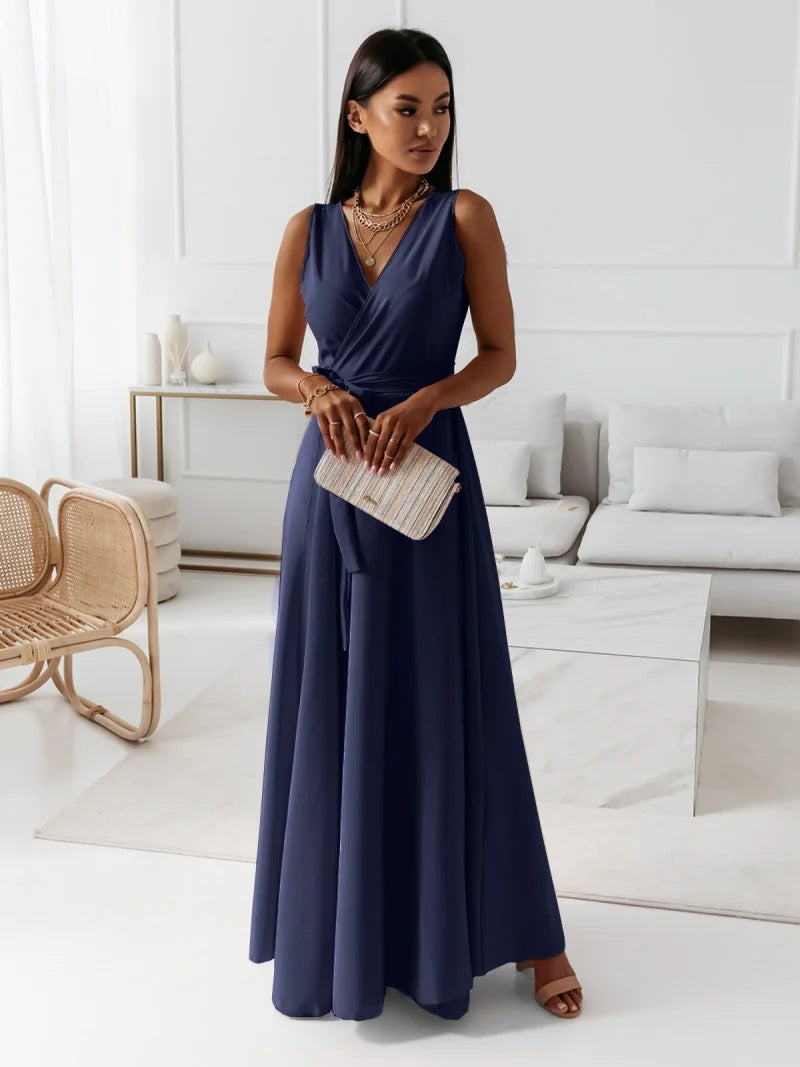Women’s Sleeveless Wrap Flowy Evening Maxi Dress